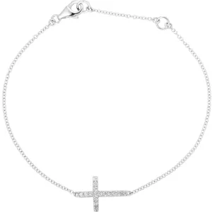 14k White Gold 1/5 CTW Diamond Sideways Cross 8" Bracelet