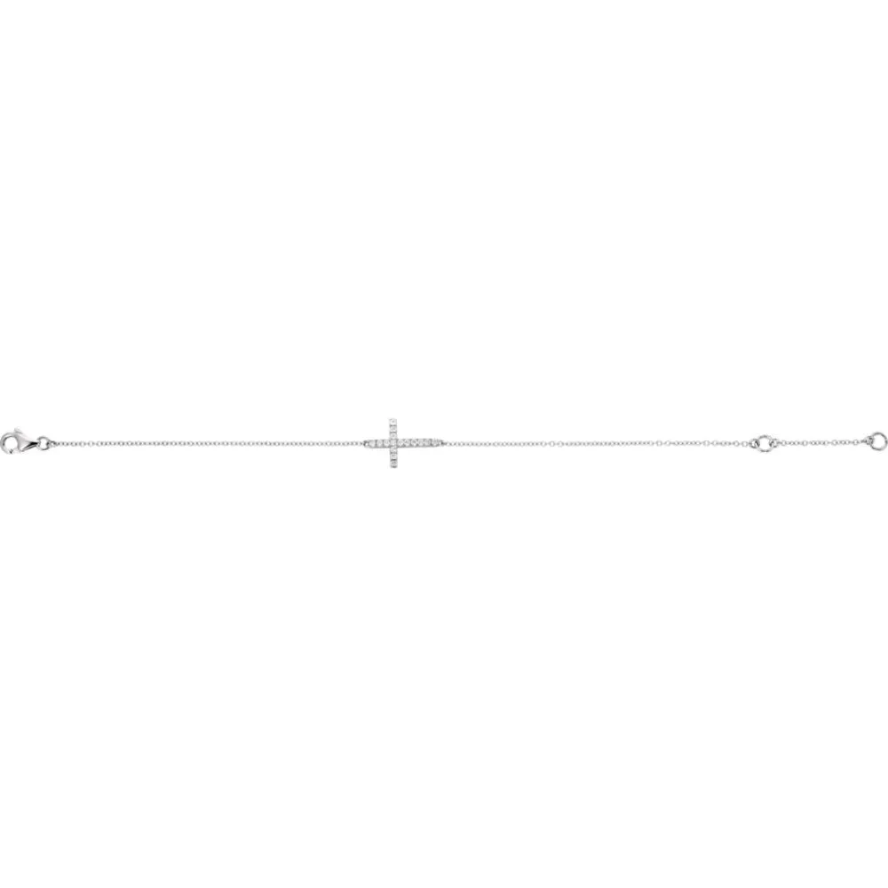 14k White Gold 1/5 CTW Diamond Sideways Cross 8" Bracelet