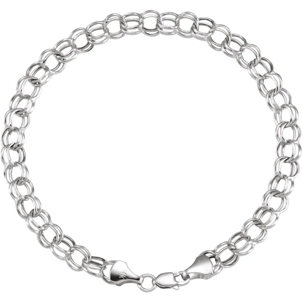 14k White Gold 7.9mm Hollow Double Link Charm 7.25" Bracelet
