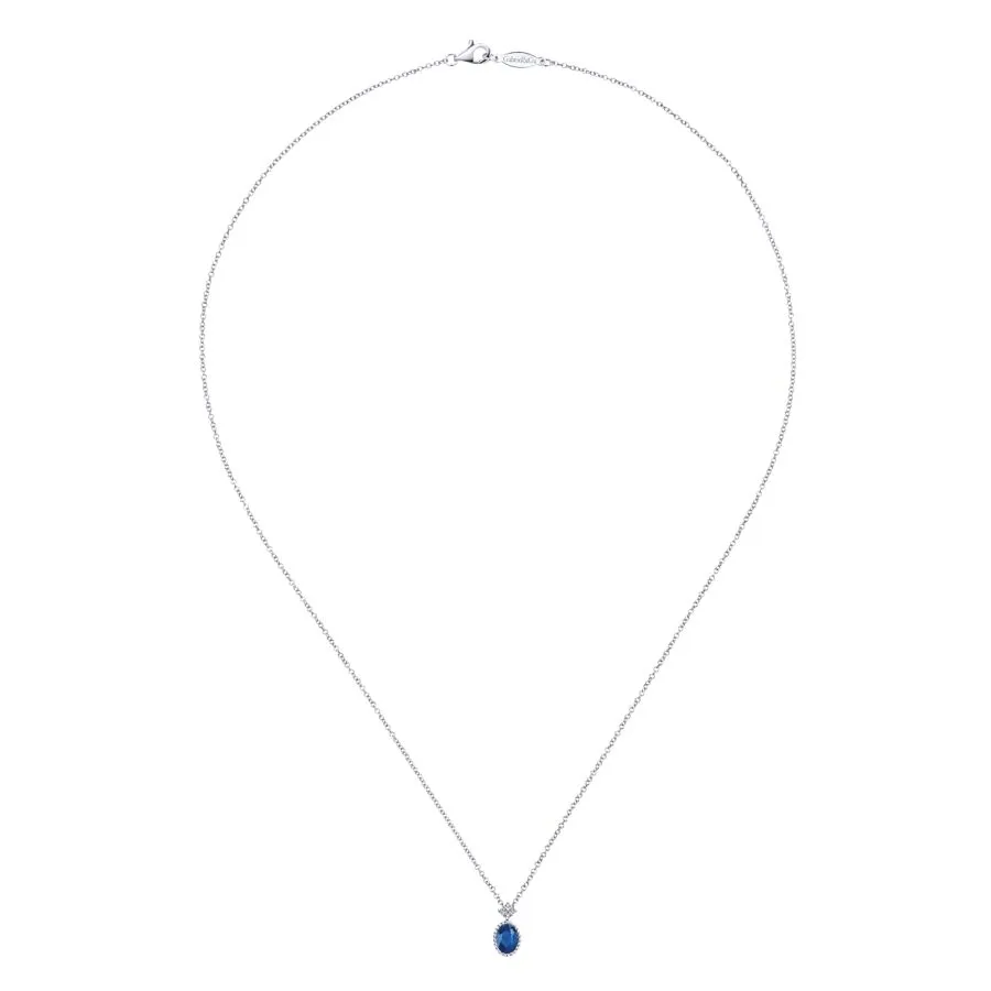 14K White Gold Beaded Oval Sapphire and Diamond Pendant Necklace