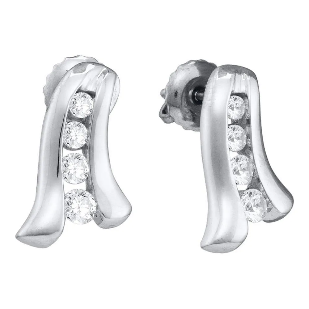 14K White Gold Round Diamond Journey Stud Earrings 1/3 Cttw