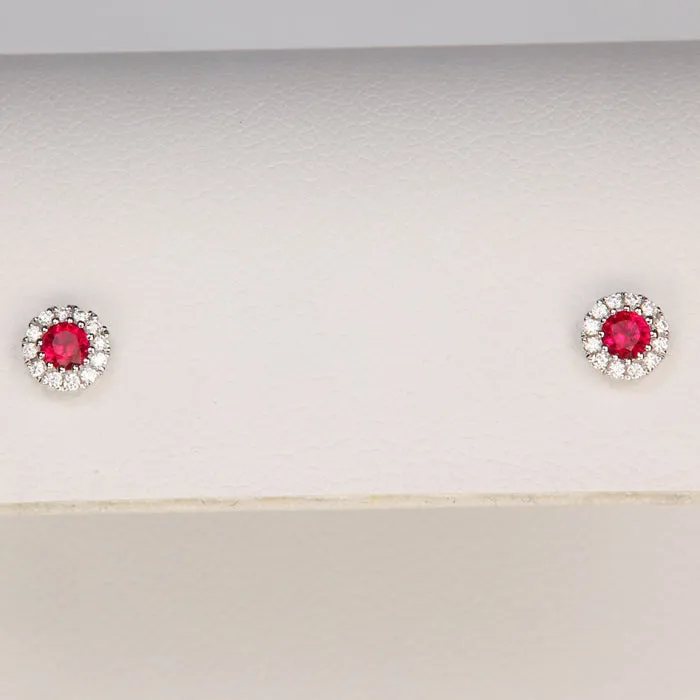 14K White Gold Ruby And Diamond Stud Earrings .17 Carats