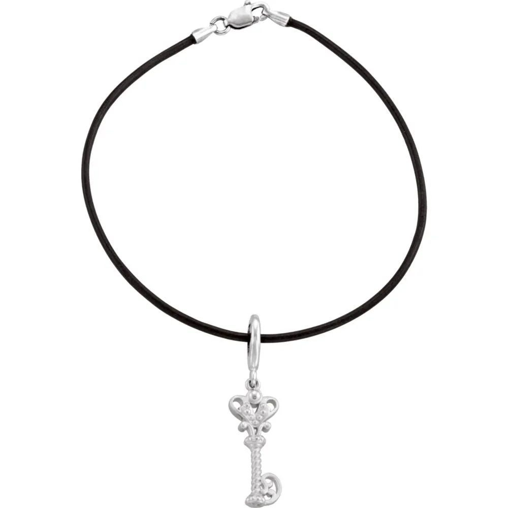 14k White Gold Vintage-Style Key Charm 7" Bracelet
