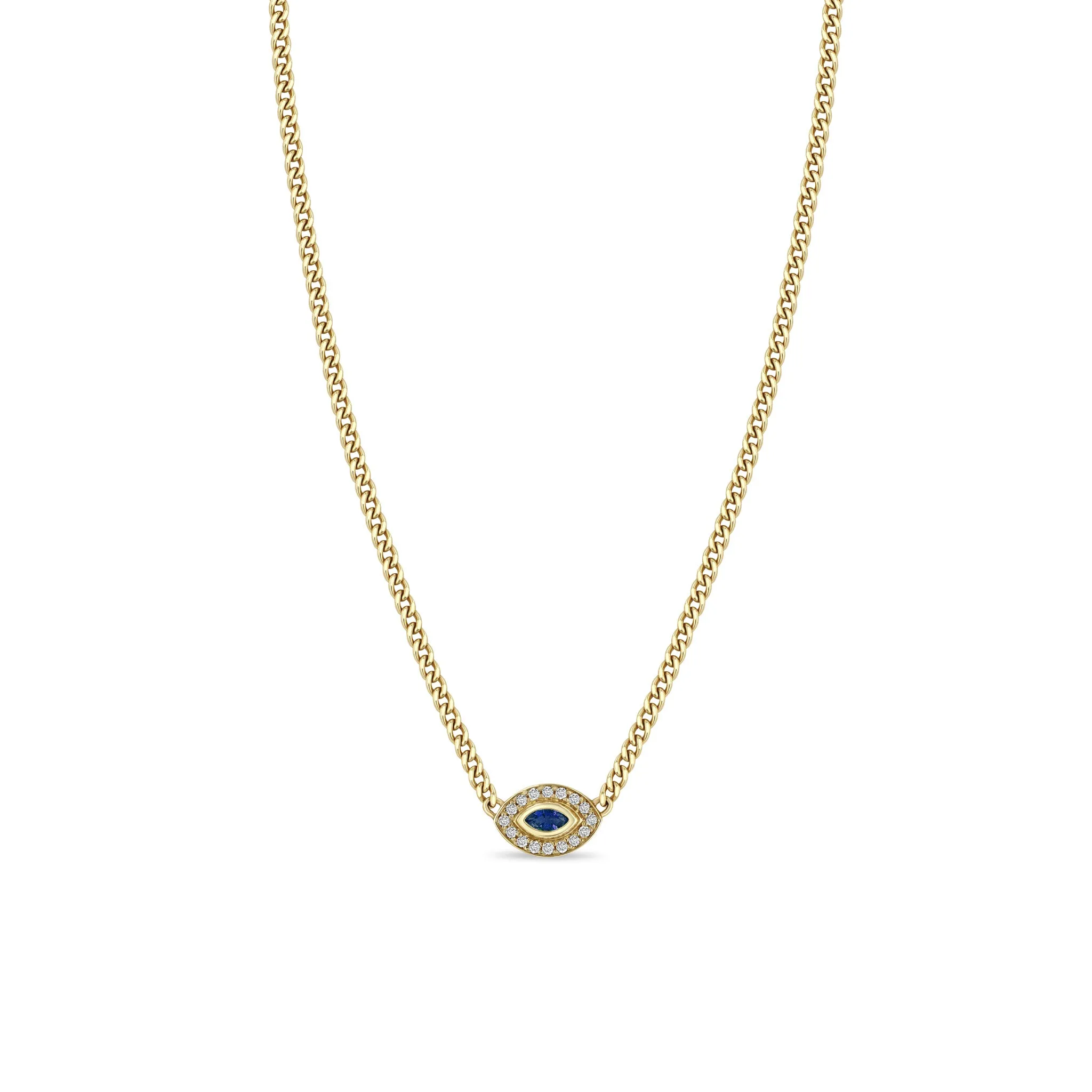 14k XS Curb Chain Marquise Blue Sapphire Halo Necklace