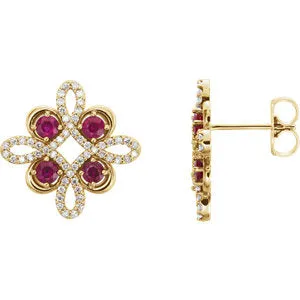 14K Yellow Chatham® Created Ruby & 1/4 CTW Diamond Earrings