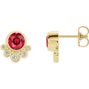 14K Yellow Chatham® Created Ruby & 1/8 CTW Diamond Earrings