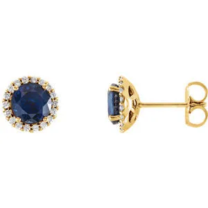 14K Yellow Chatham® Lab-Created Blue Sapphire & 1/6 CTW Diamond Earrings