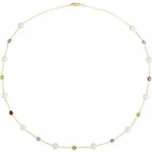 14K Yellow Freshwater Cultured Pearl & Multi-Gemstone Station 18" Necklace