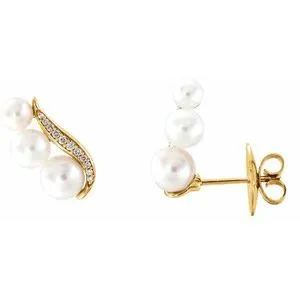 14K Yellow Freshwater Pearl & 1/10 CTW Diamond Ear Climbers