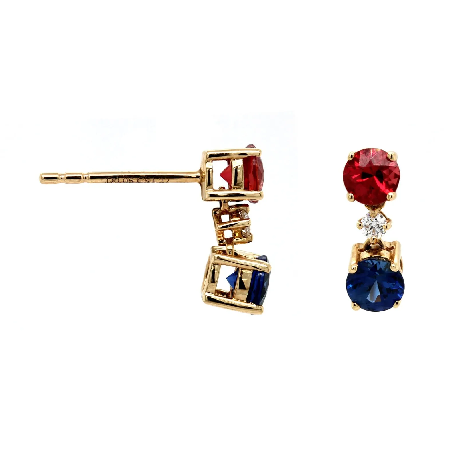 14K Yellow Gold 3 Stone Ruby, Sapphire, and Diamond Earrings