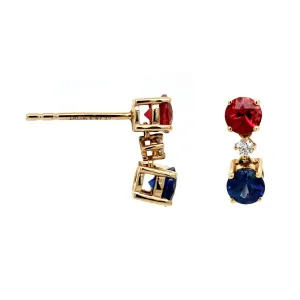 14K Yellow Gold 3 Stone Ruby, Sapphire, and Diamond Earrings