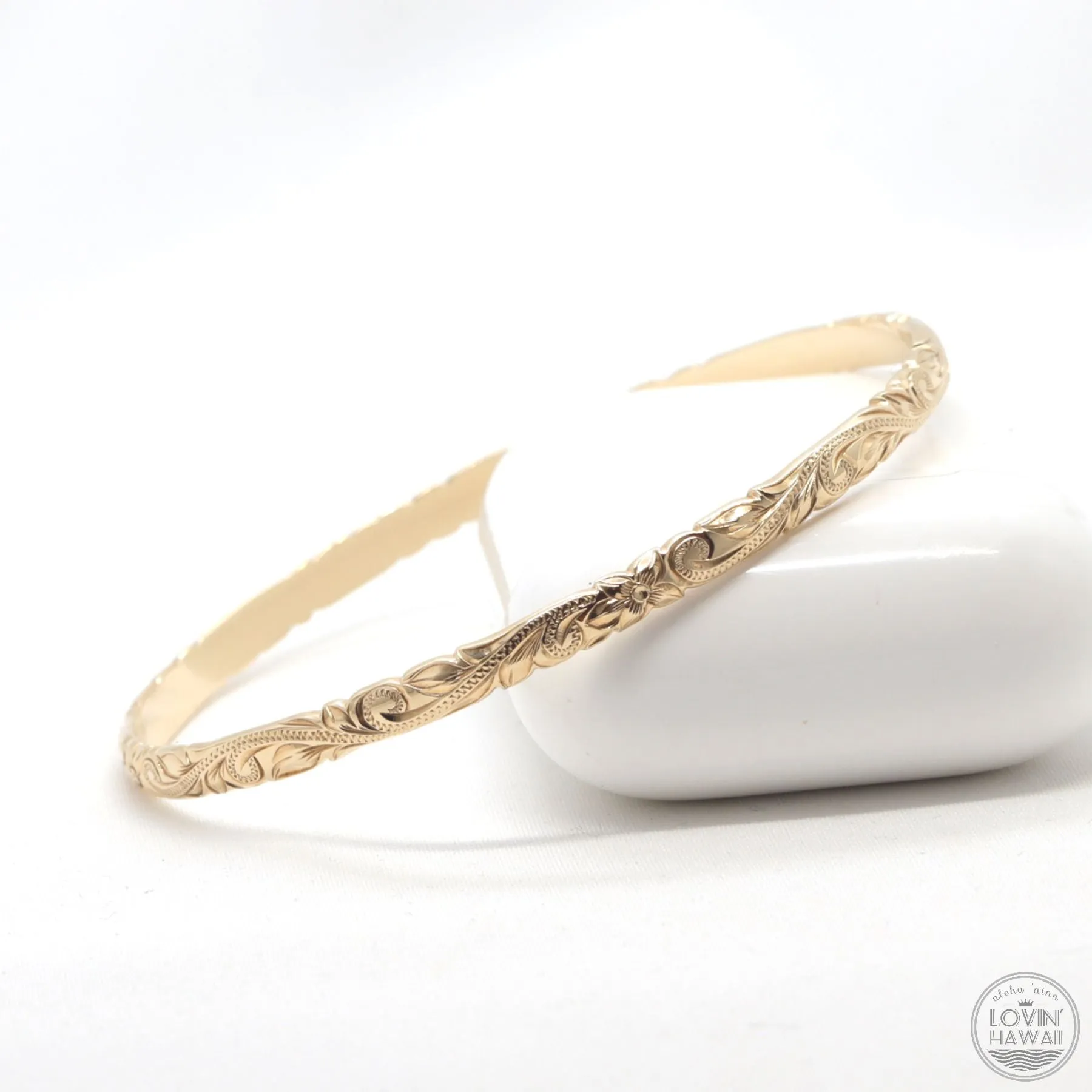 14k Yellow Gold Bracelet, Hand Engraved Design (4mm width, Dome Style)