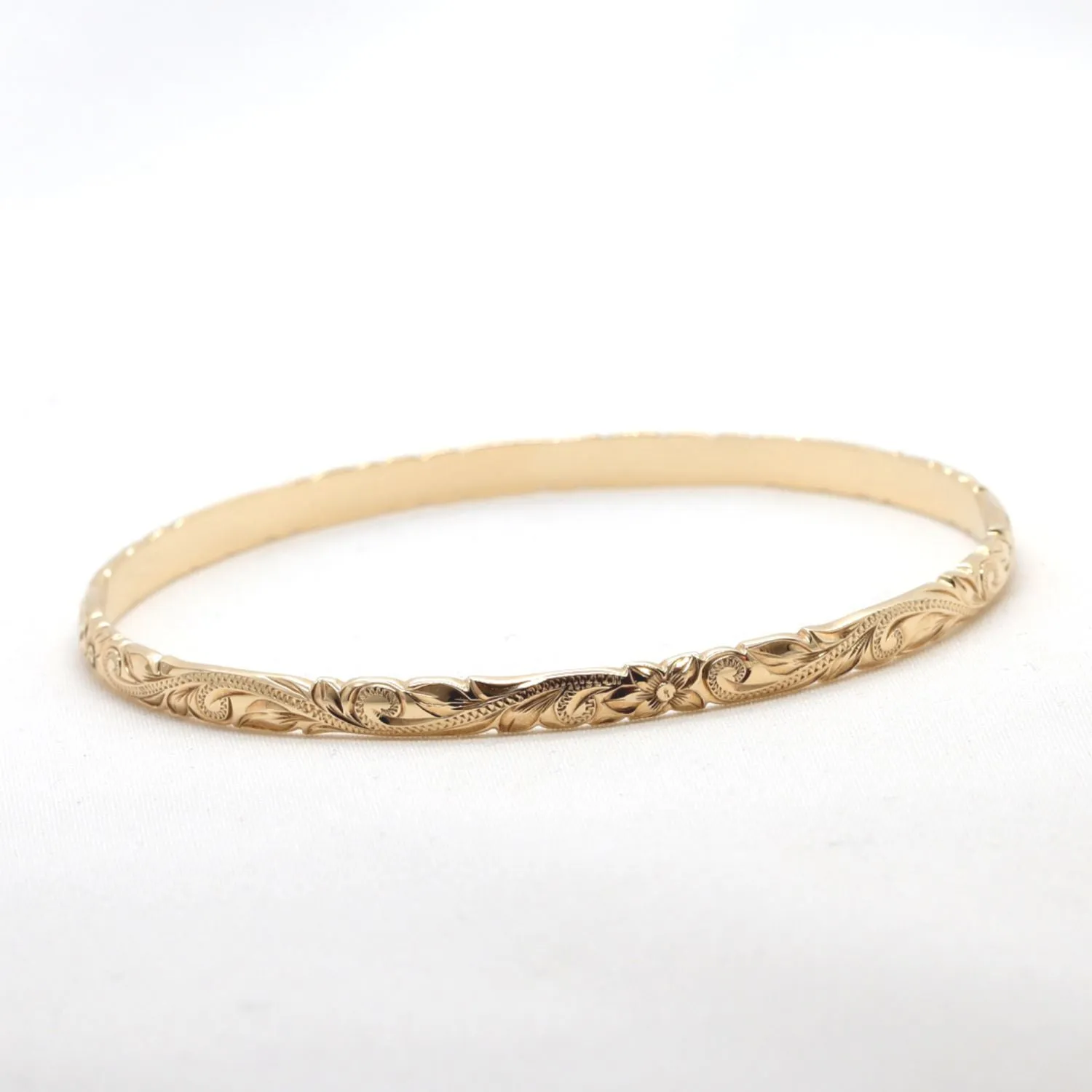 14k Yellow Gold Bracelet, Hand Engraved Design (4mm width, Dome Style)