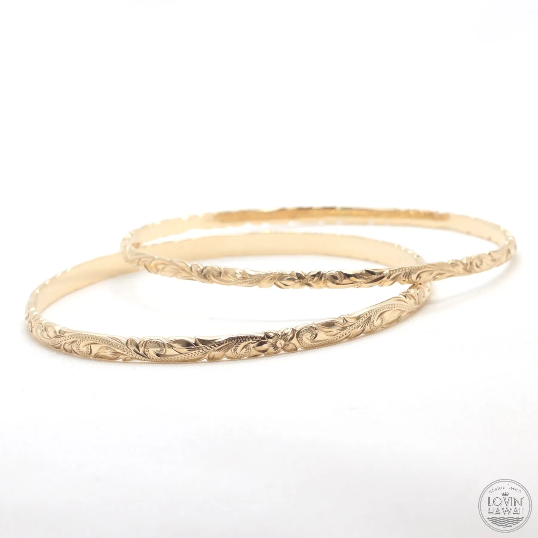 14k Yellow Gold Bracelet, Hand Engraved Design (4mm width, Dome Style)