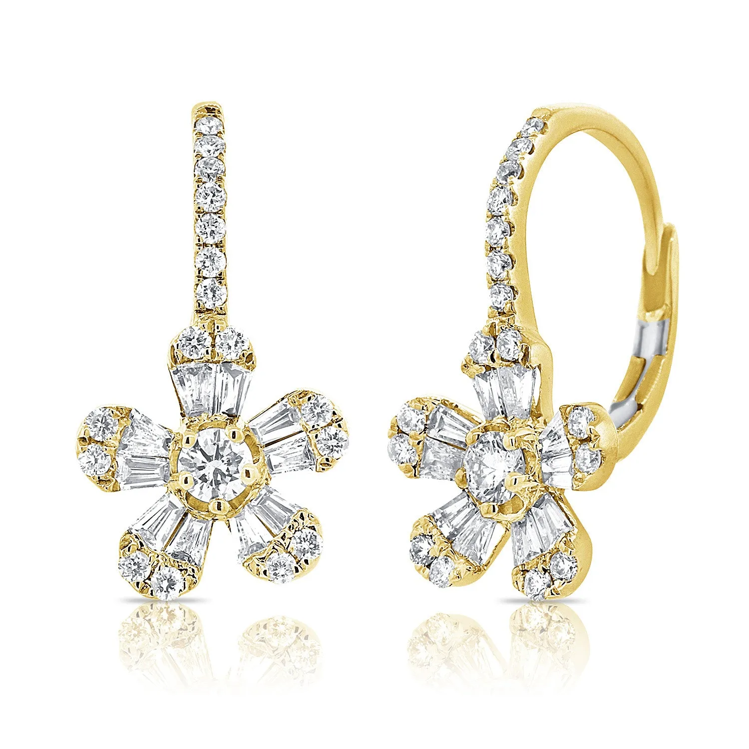 14K Yellow Gold Diamond Baguette Drop Flower Earrings