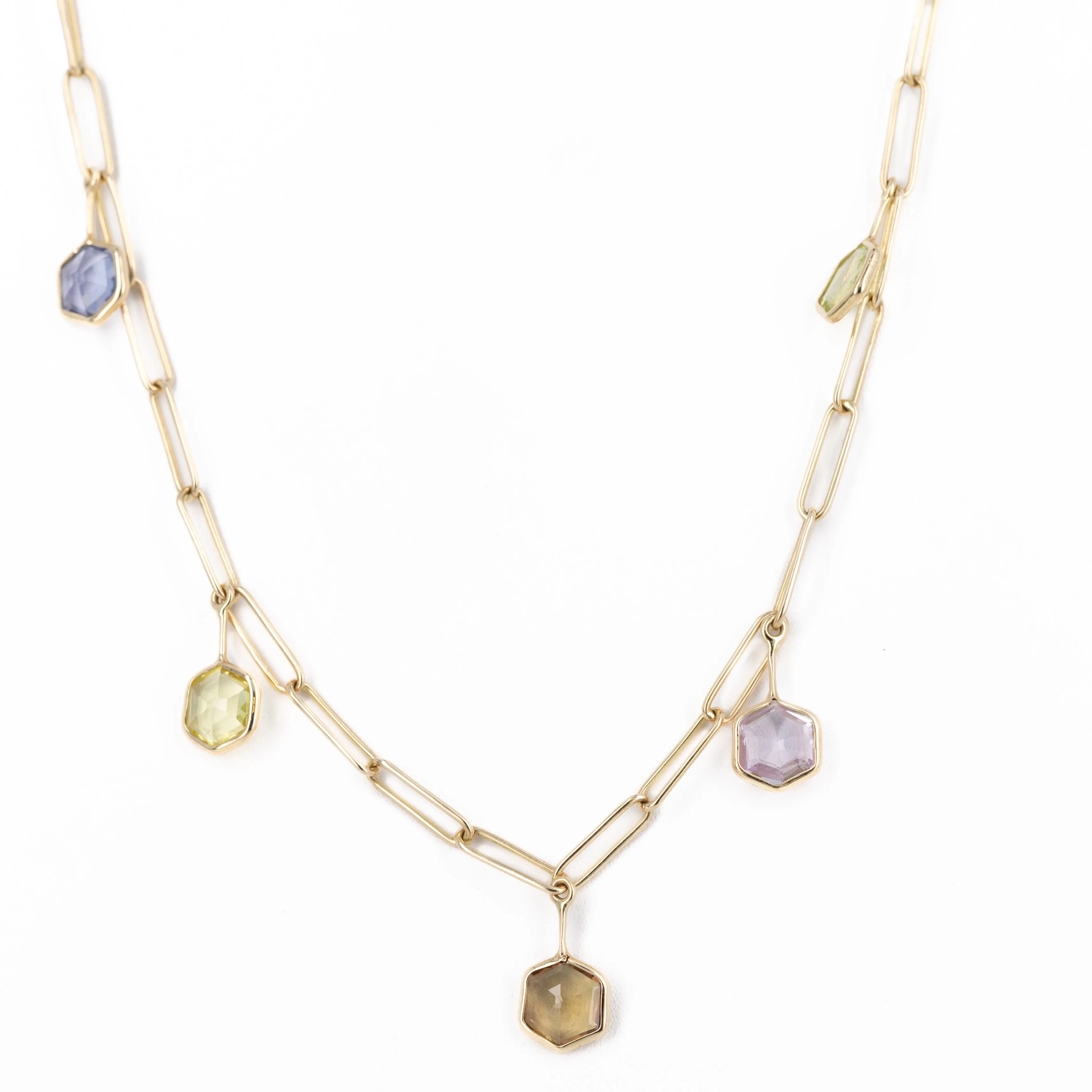 14K Yellow Gold Hexagon Multi-Color Sapphire Bezel Station Paper Clip Necklace