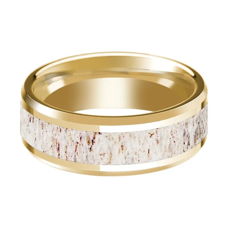 14k Yellow Gold Polished Wedding Band with White Deer Antler Inlay & Beveled Edges - 8MM