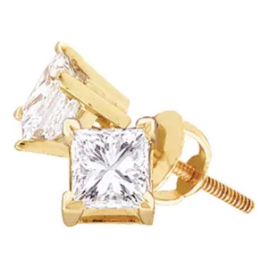 14K Yellow Gold Unisex Princess Diamond Solitaire Stud Earrings 7/8 Cttw