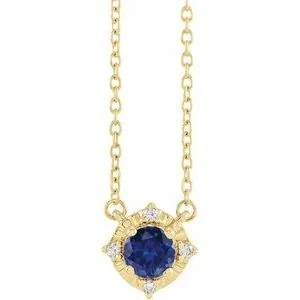 14K Yellow Lab-Grown Blue Sapphire & .04 CTW Natural Diamond Halo-Style 18" Necklace