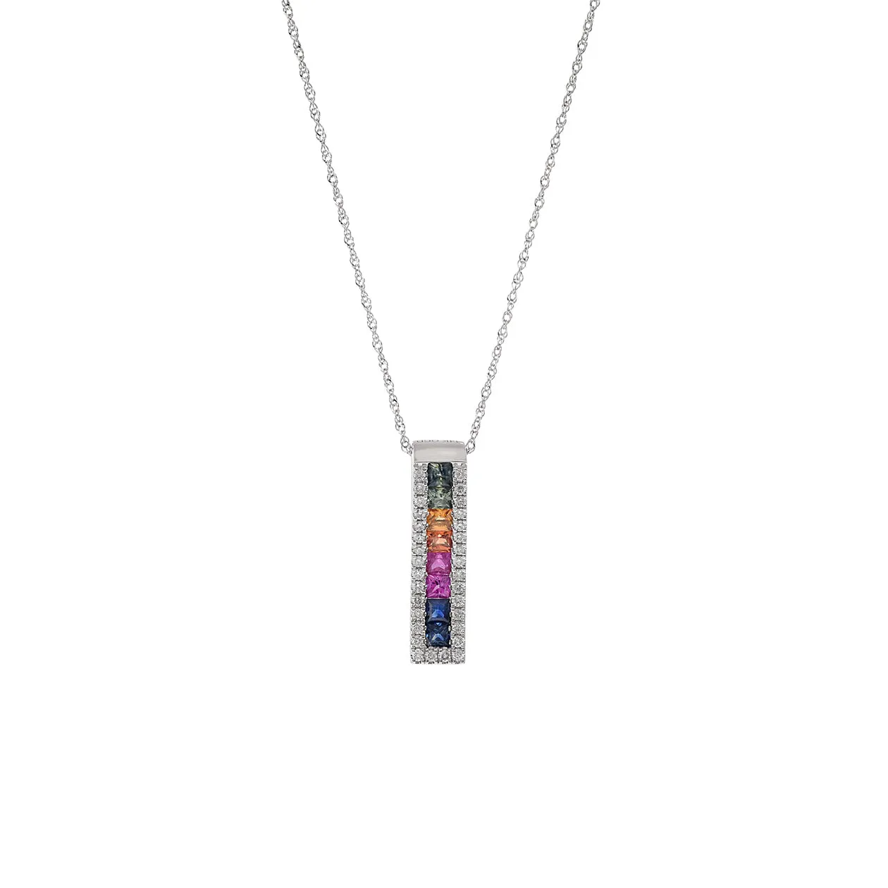 14KT White Gold Multi Color Sapphire And Diamond Wave Pendant Necklace