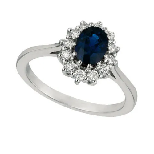1.55 Carat Natural Oval Sapphire & Diamond Ring 14K White Gold