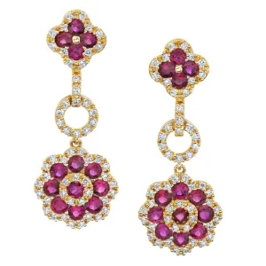 1.57 ct. t.w. Ruby and Diamond 18k Yellow Gold Flower Dangle Drop Post Earrings