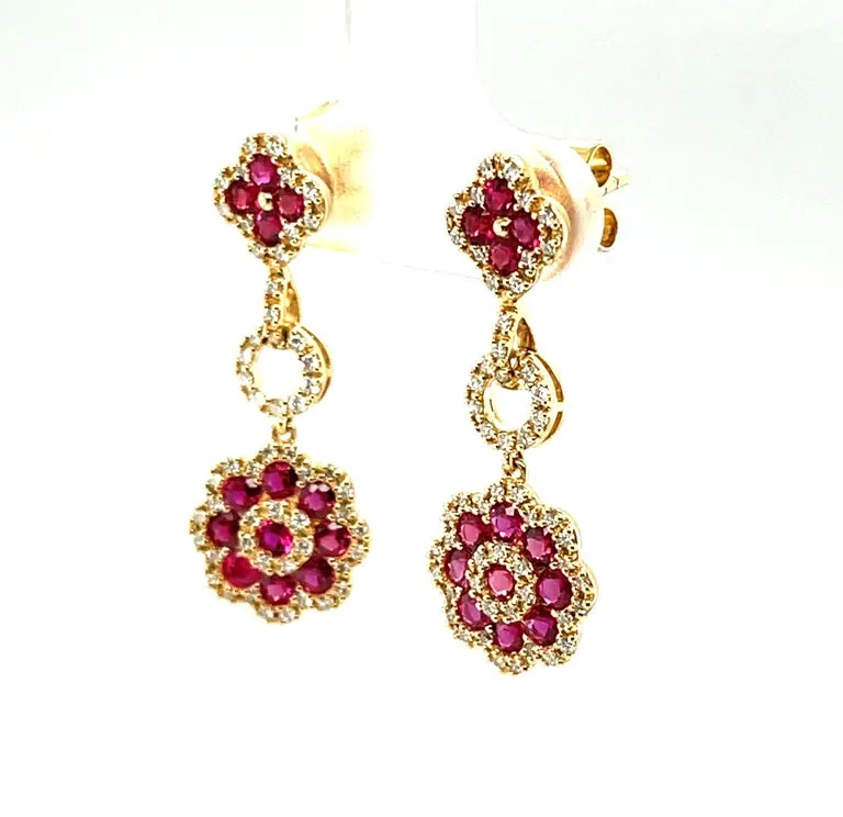 1.57 ct. t.w. Ruby and Diamond 18k Yellow Gold Flower Dangle Drop Post Earrings