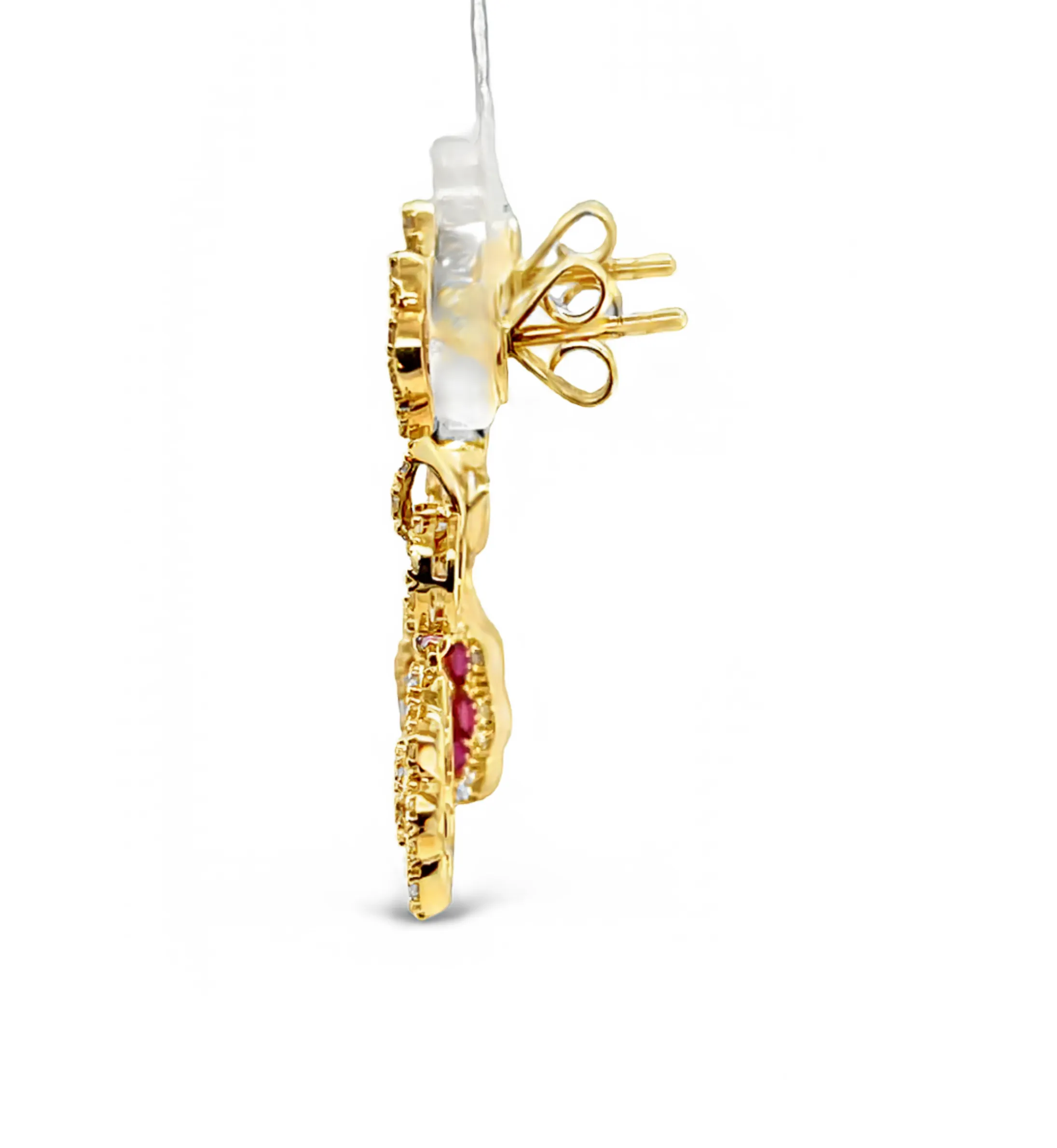 1.57 ct. t.w. Ruby and Diamond 18k Yellow Gold Flower Dangle Drop Post Earrings