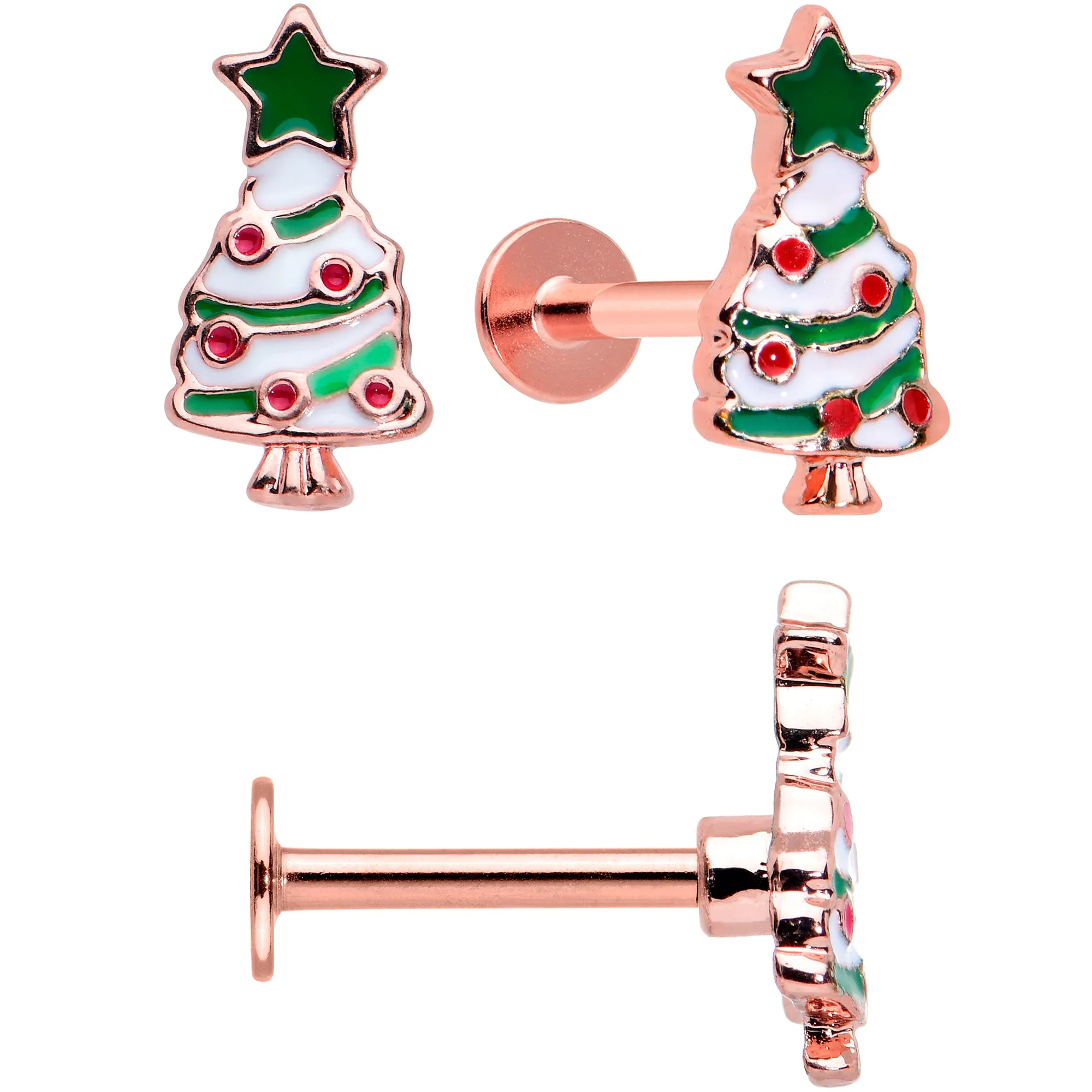 16 Gauge 5/16 Red Gem Rose Gold Tone Snowman Christmas Labret Set of 3