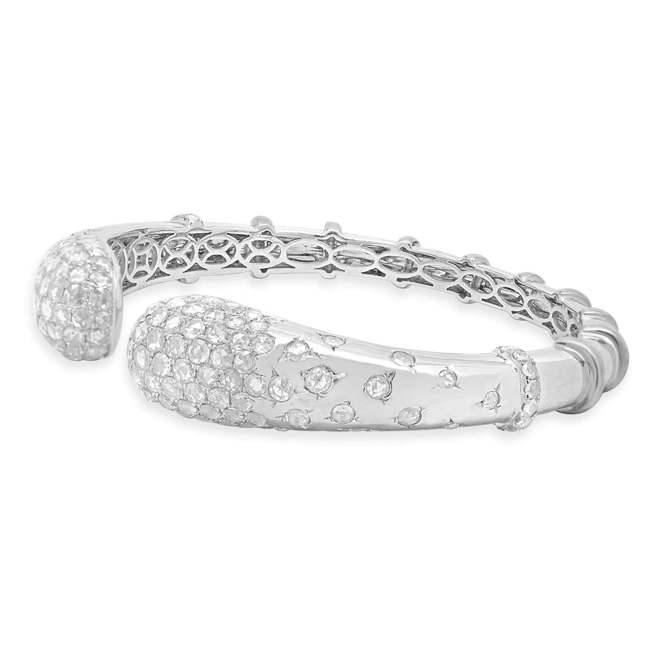 18 Karat White Gold Pave Diamond Rose Cut Cuff Bracelet