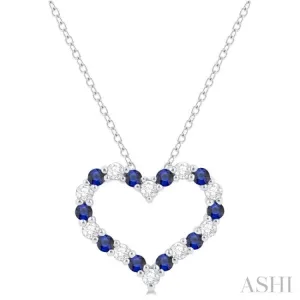 1.80 MM Round Cut Sapphire and 1/4 ctw Open Heart Round Cut Diamond Precious Fashion Pendant With Chain in 14K White Gold