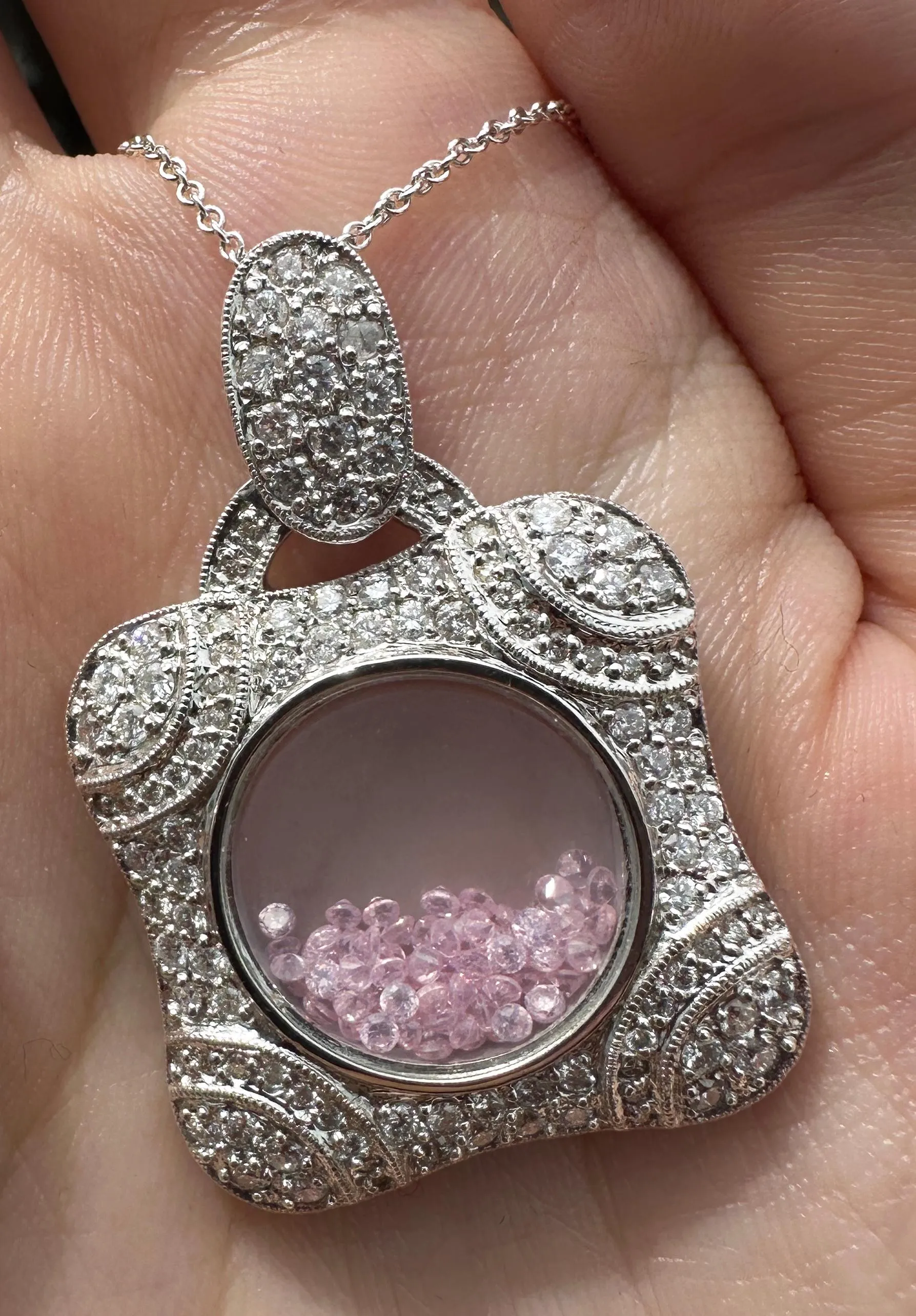 18k Diamond and Pink Sapphire Shaker Locket Pendant Necklace