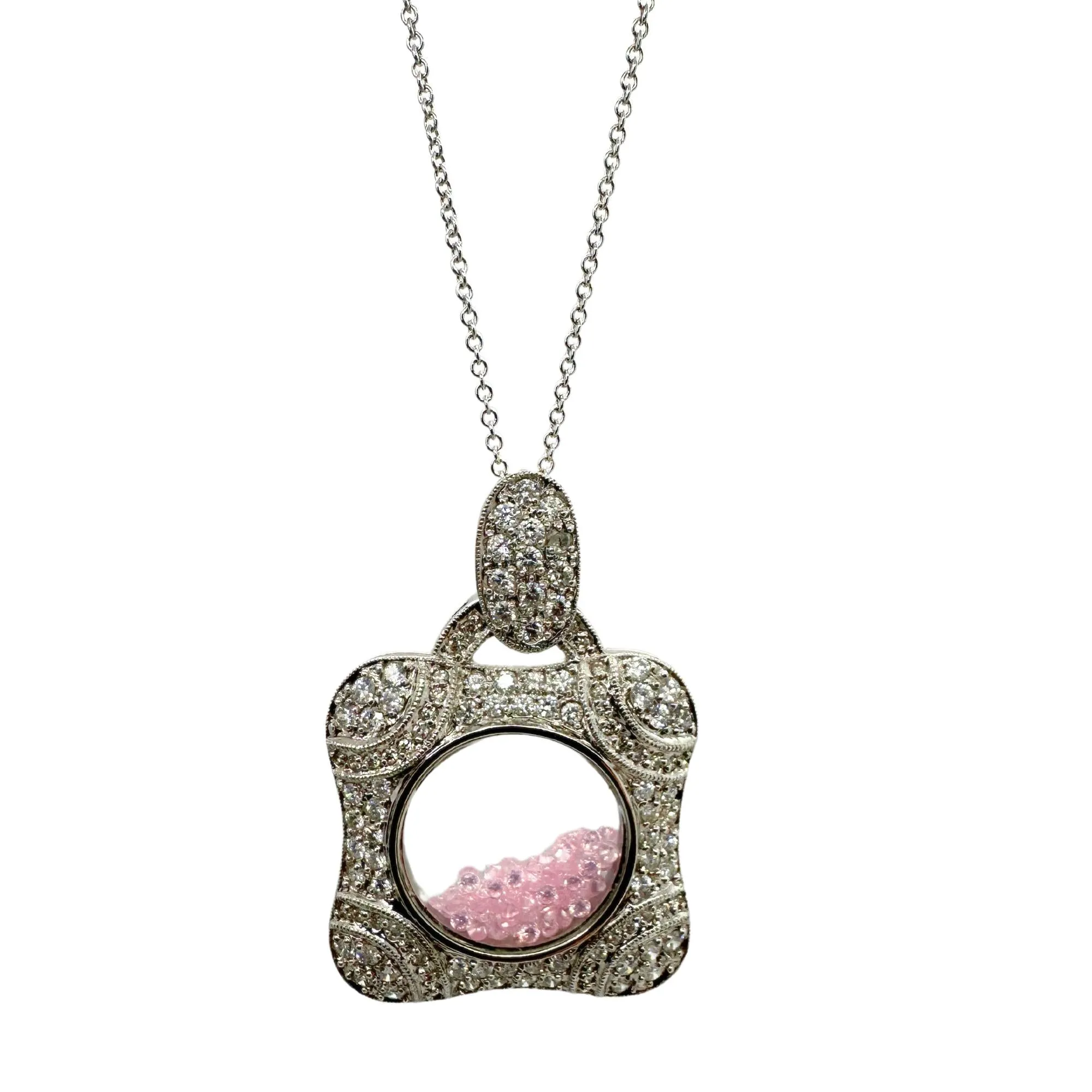 18k Diamond and Pink Sapphire Shaker Locket Pendant Necklace