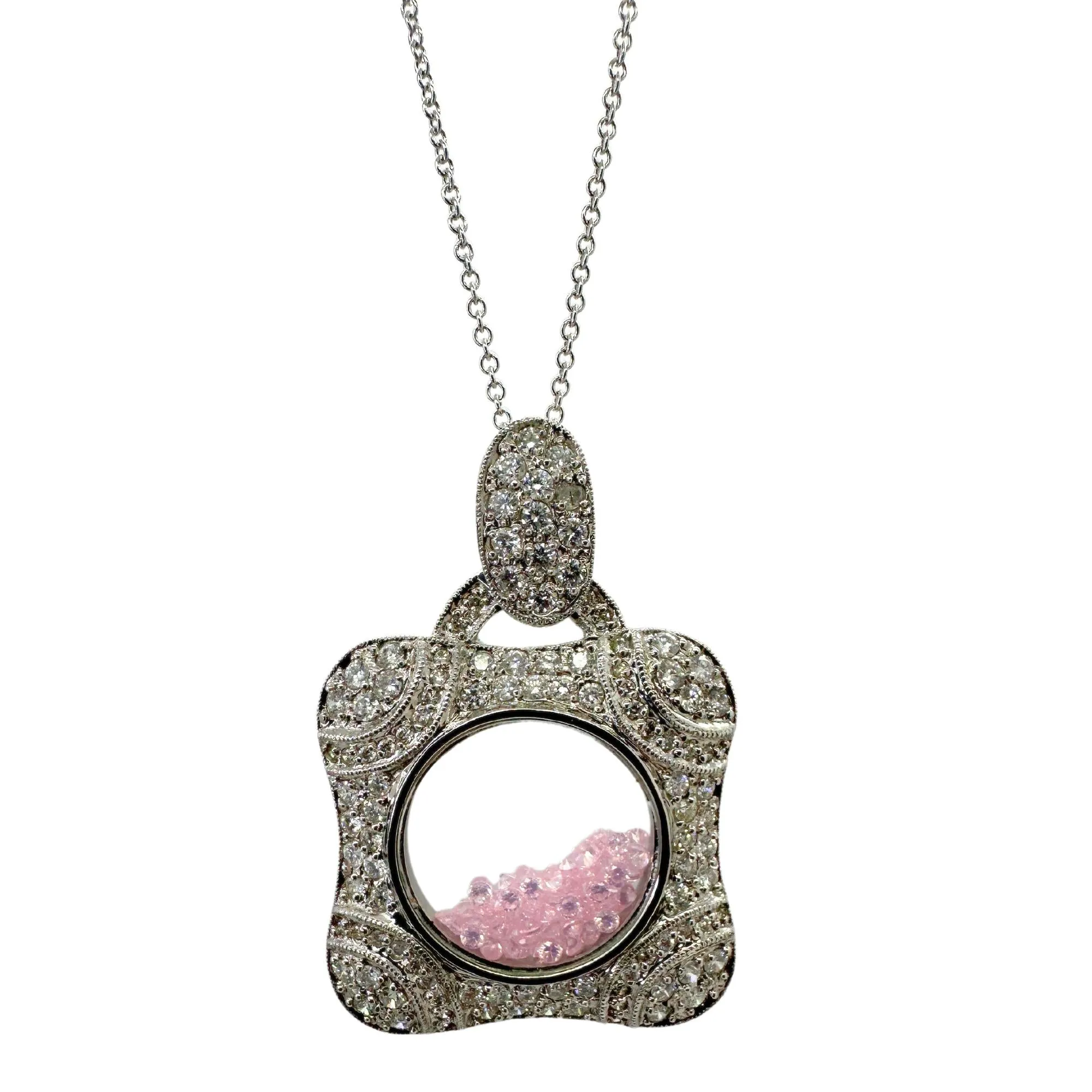 18k Diamond and Pink Sapphire Shaker Locket Pendant Necklace