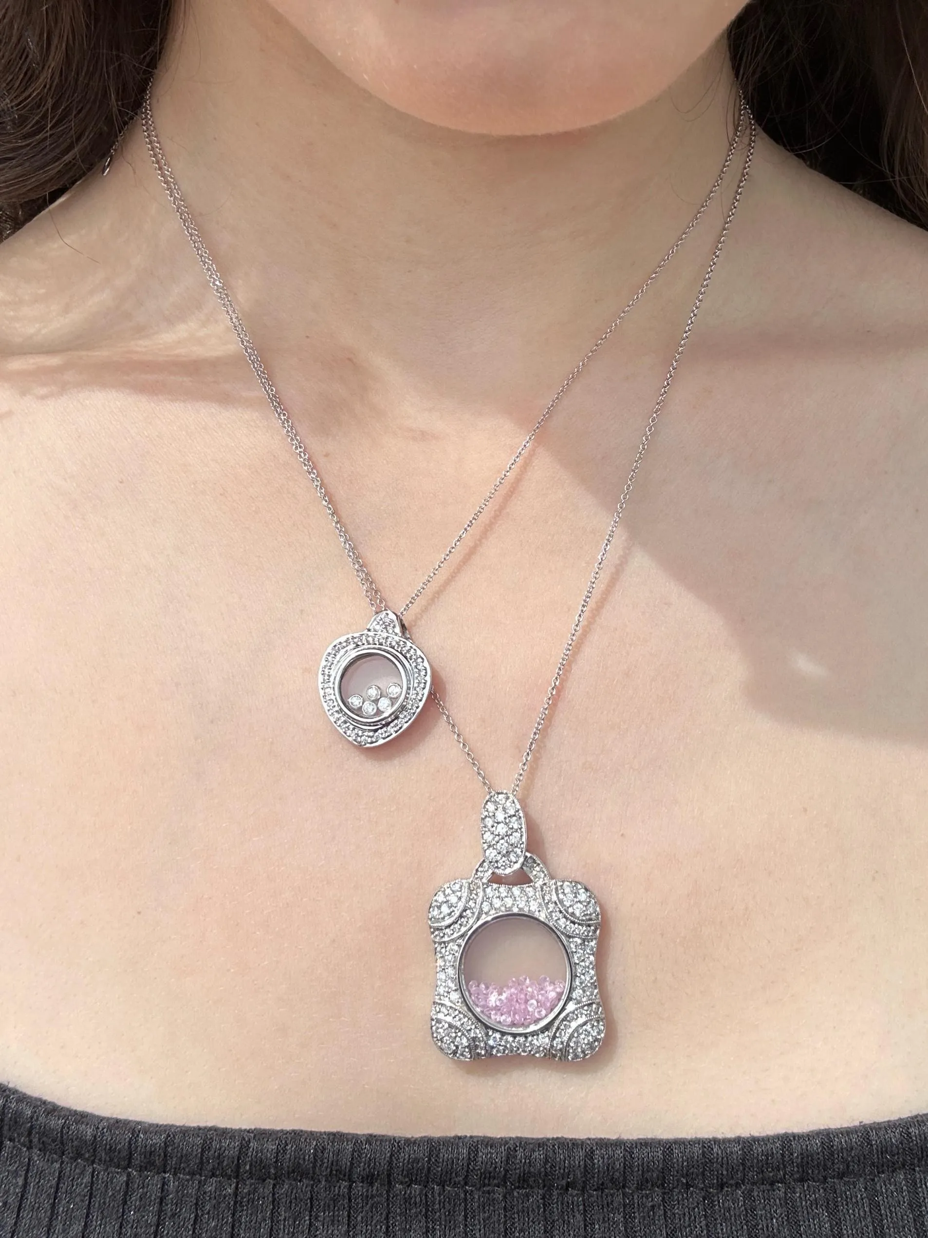 18k Diamond and Pink Sapphire Shaker Locket Pendant Necklace