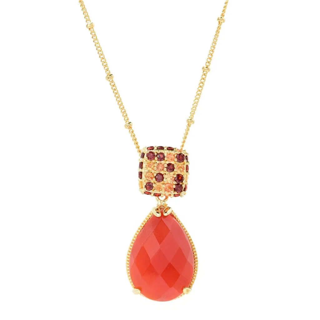 18K Gold Plated 20x14mm Chalcedony & Multi Gemstone Pendant w/ 18" 3" Chain