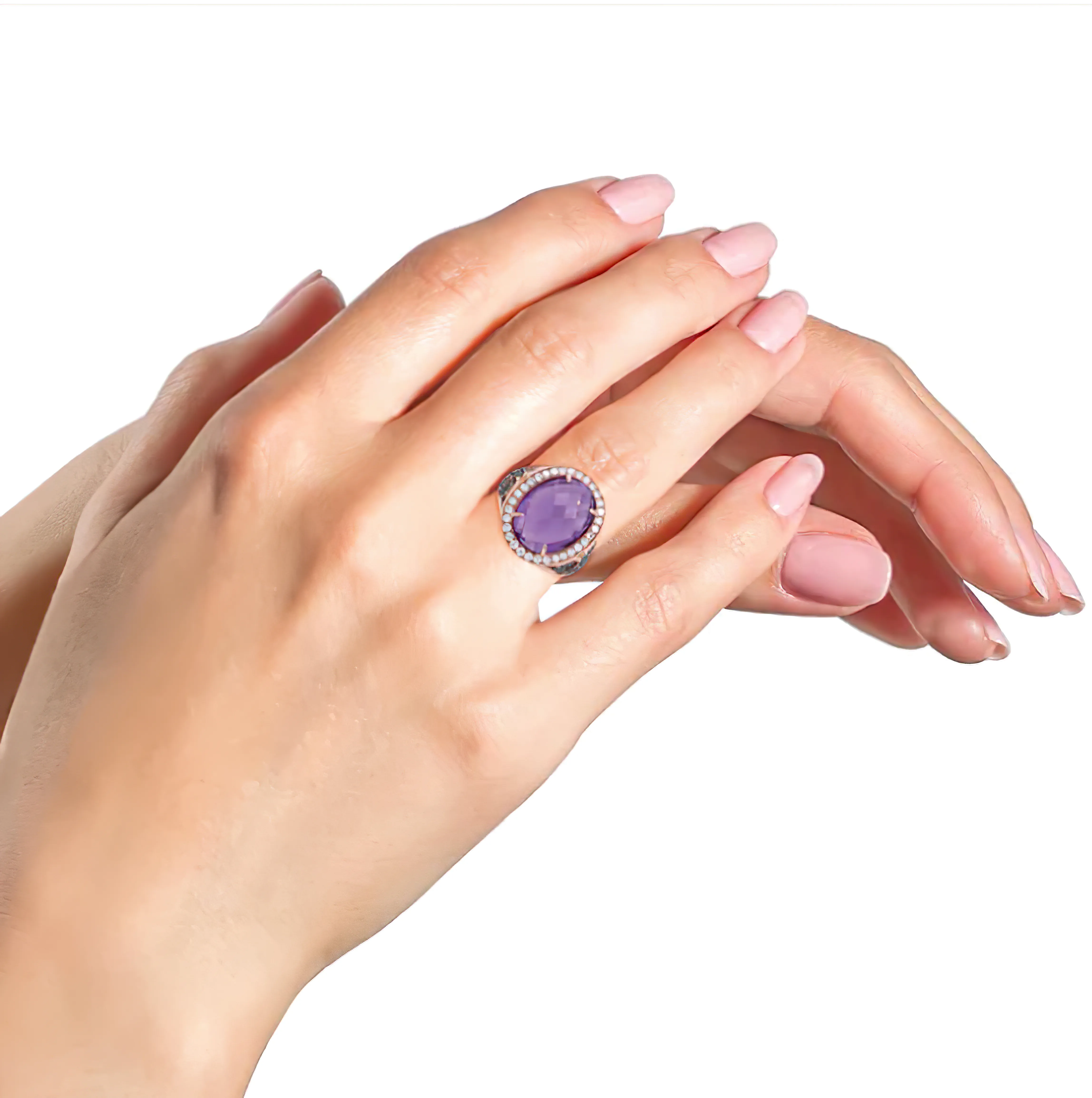 18K Rose Gold 18x13 MM Oval Cut Purple Amethyst and 1.00 Cttw Diamond Cocktail Ring (Champagne and F-G Color, VS1-VS2 Clarity)