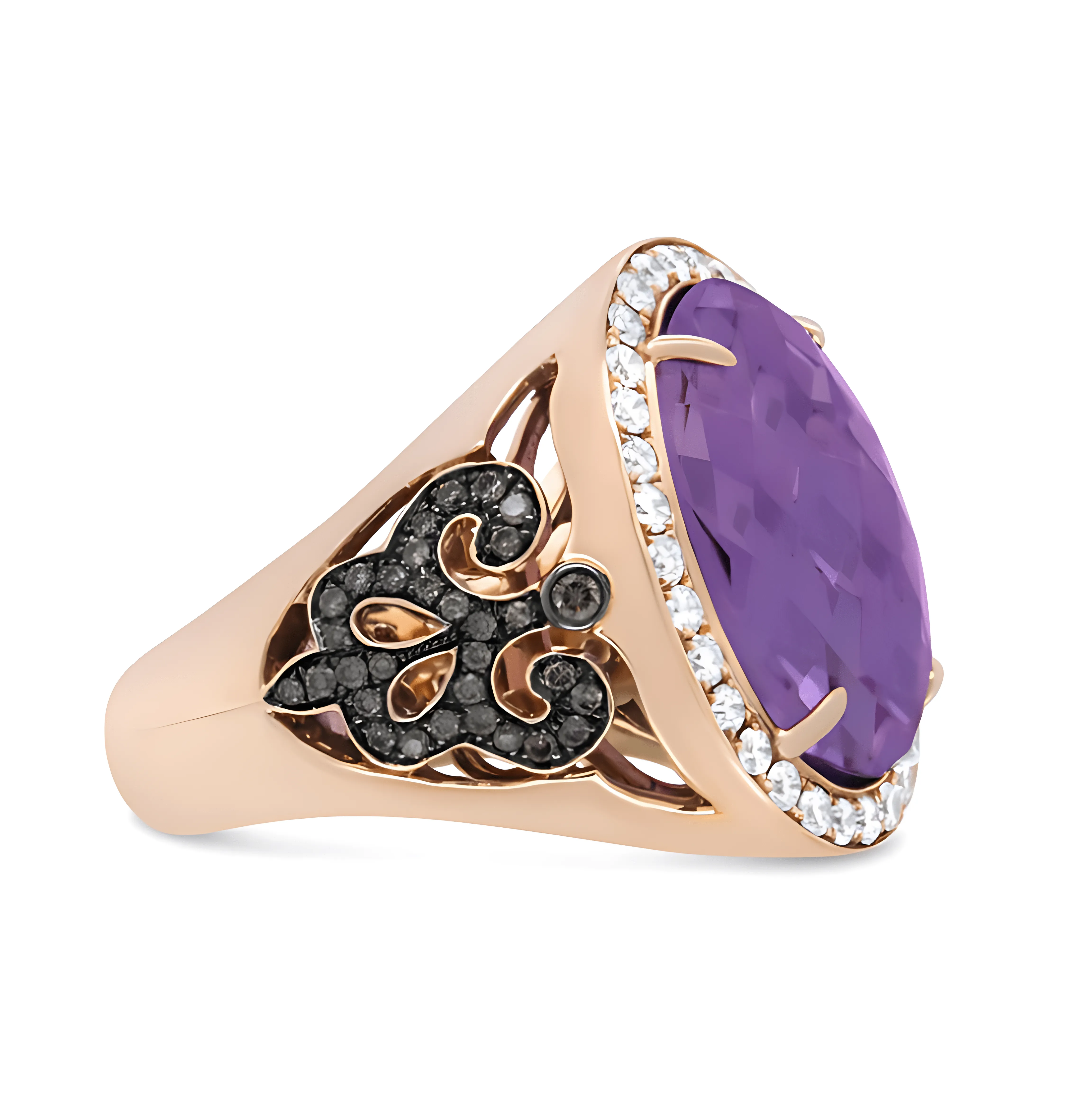 18K Rose Gold 18x13 MM Oval Cut Purple Amethyst and 1.00 Cttw Diamond Cocktail Ring (Champagne and F-G Color, VS1-VS2 Clarity)