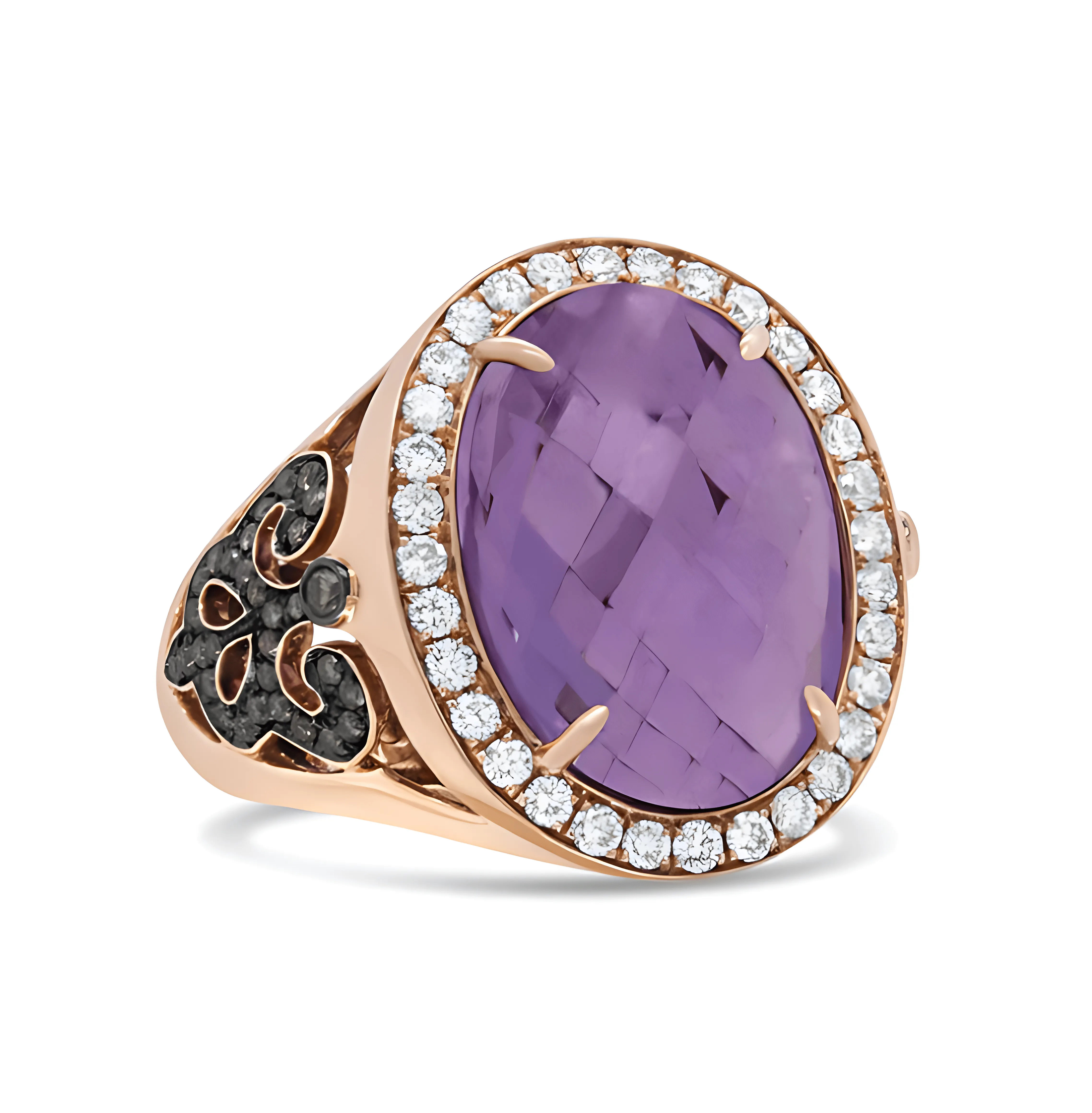 18K Rose Gold 18x13 MM Oval Cut Purple Amethyst and 1.00 Cttw Diamond Cocktail Ring (Champagne and F-G Color, VS1-VS2 Clarity)