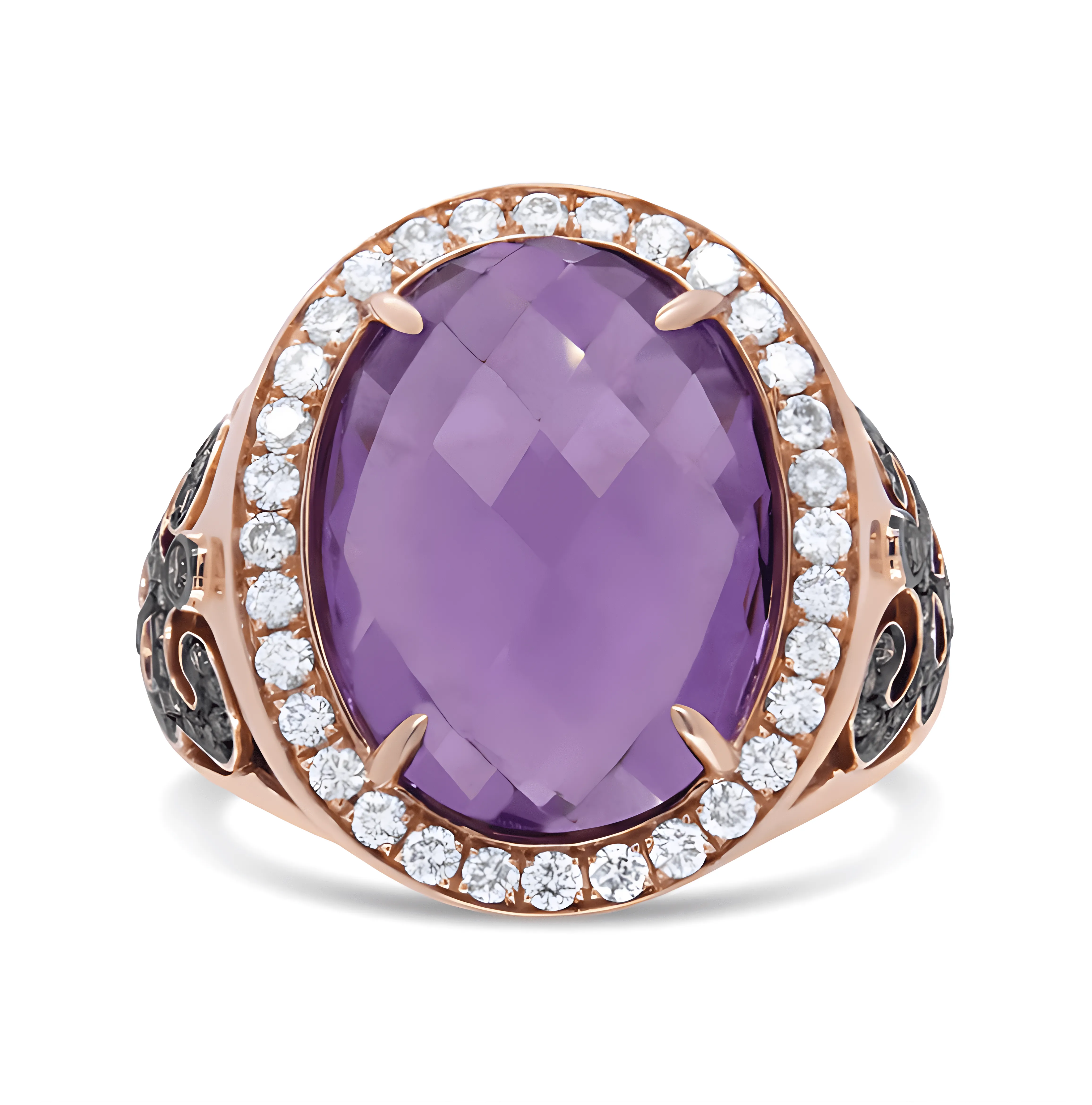 18K Rose Gold 18x13 MM Oval Cut Purple Amethyst and 1.00 Cttw Diamond Cocktail Ring (Champagne and F-G Color, VS1-VS2 Clarity)