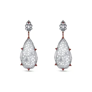 18K Rose Gold Carved Grey Jade Diamond Halo And Ruby Accents Black Rhodium Drops