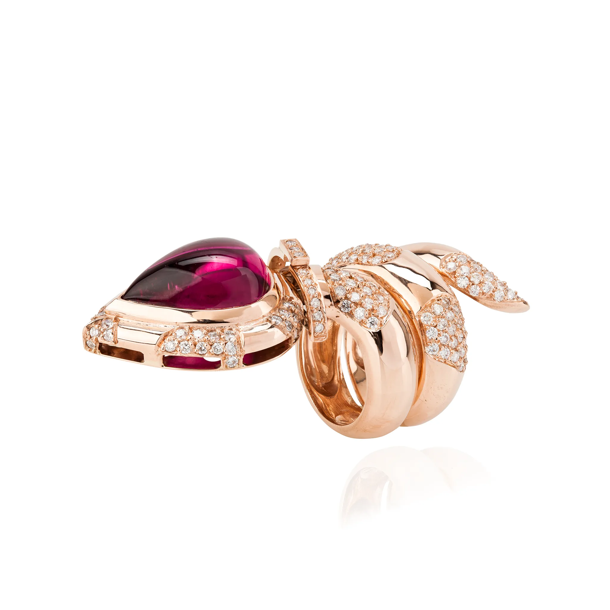 18K Rose Gold Snake Ring with Pear-Shaped Tourmaline & Diamond