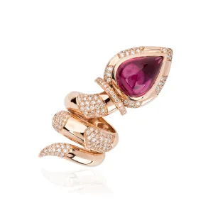 18K Rose Gold Snake Ring with Pear-Shaped Tourmaline & Diamond