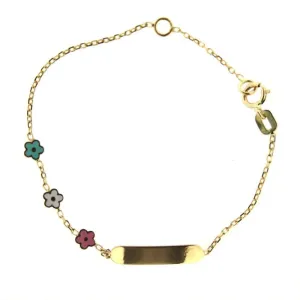 18K Solid Yellow Gold Pink White Green Flowers ID Bracelet