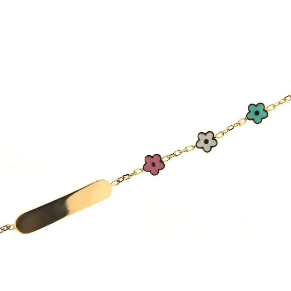 18K Solid Yellow Gold Pink White Green Flowers ID Bracelet