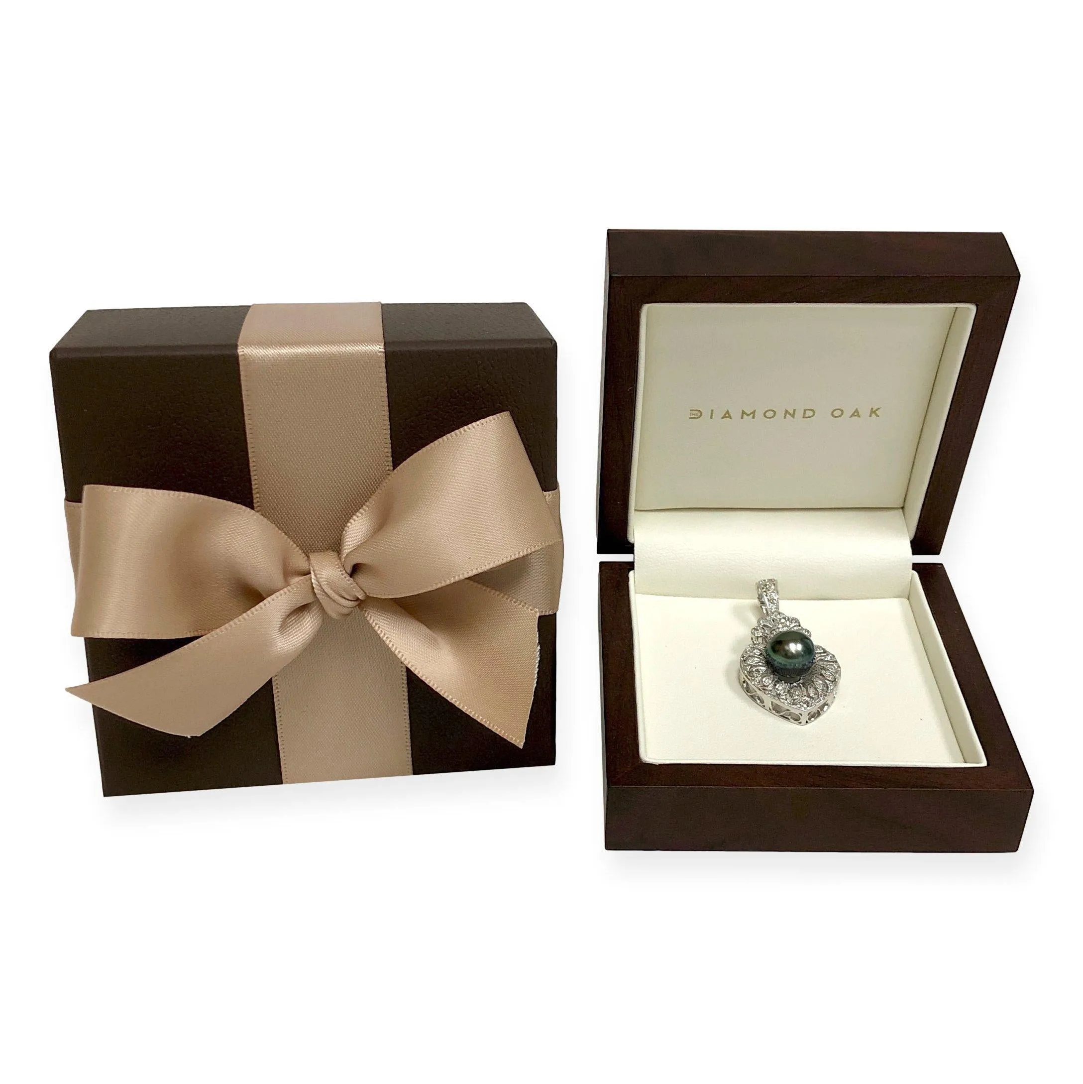 18K White Gold 10mm Tahitian Pearl and Diamond Filigree Pendant