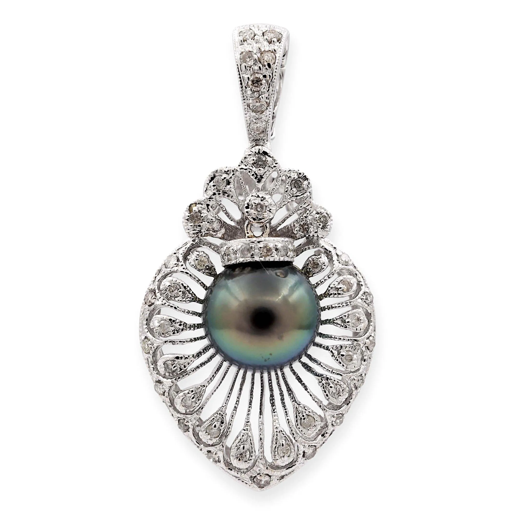 18K White Gold 10mm Tahitian Pearl and Diamond Filigree Pendant