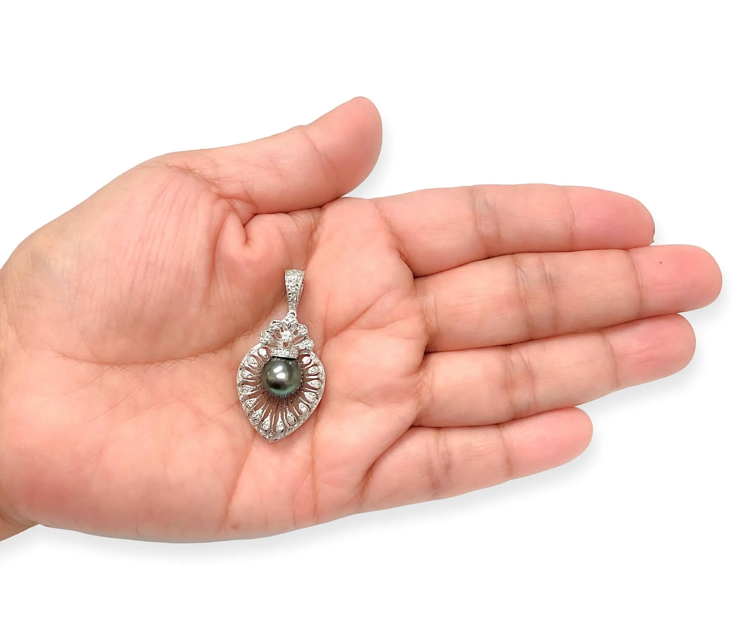 18K White Gold 10mm Tahitian Pearl and Diamond Filigree Pendant