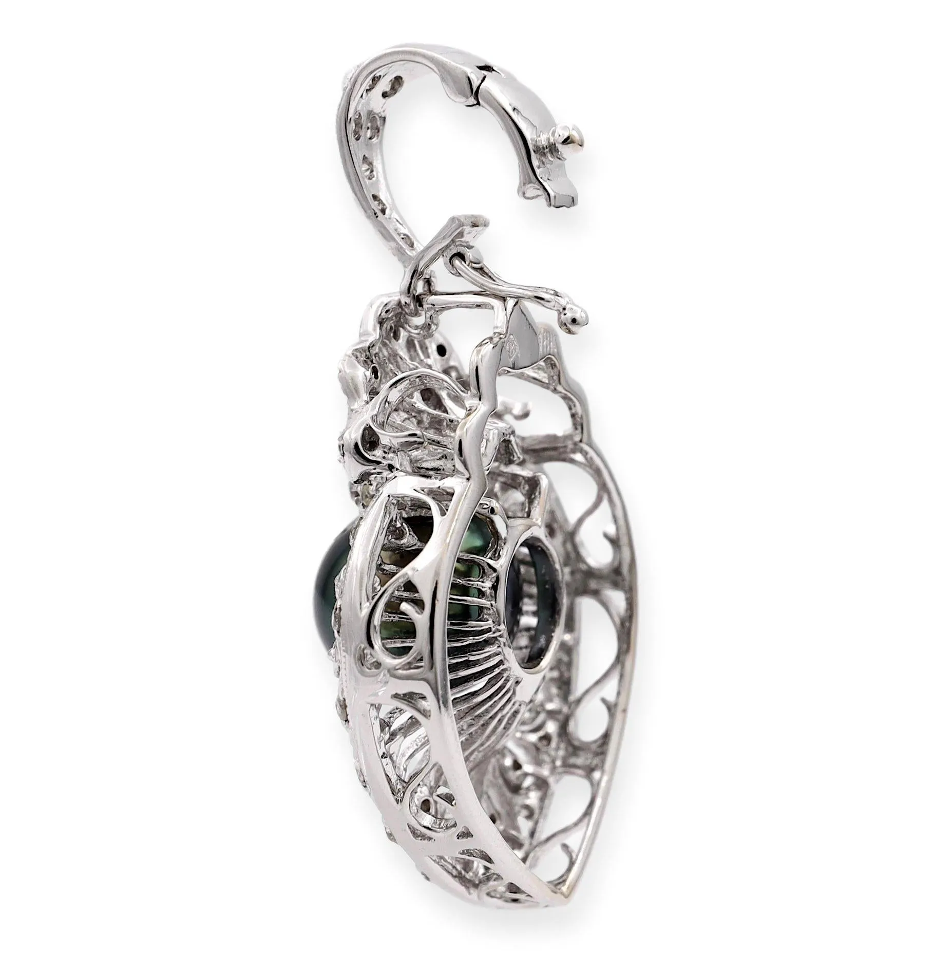 18K White Gold 10mm Tahitian Pearl and Diamond Filigree Pendant