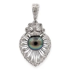18K White Gold 10mm Tahitian Pearl and Diamond Filigree Pendant